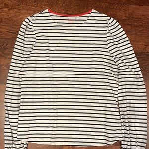 Ladies vote in top. Striped. Elastic at wrist. Gathering around shoulders